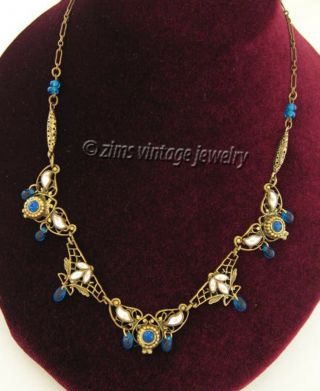 Vintage Art Deco Czech Blue Glass Drop Brass Filigree Enamel Leaf Link Necklace