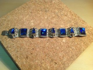 Vintage Hand Crafted Bracelet,  Large Blue Faceted Glass Stones With Aztec Faces