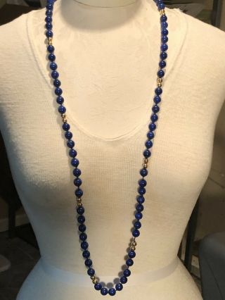 Vintage Lapis Lazuli Blue Beads And 14 K Yellow Gold Spacer Beads Necklace 42” 2