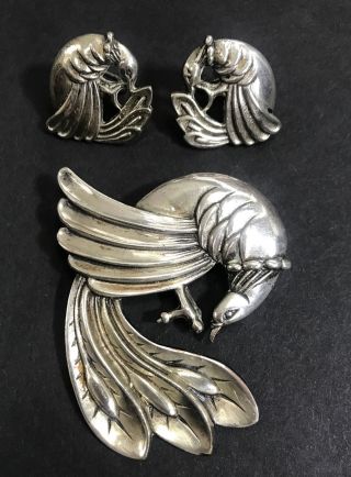 Vintage Deco 925 Sterling Silver Viking Craft Peacock Brooch & Earrings 37.  5 Gr
