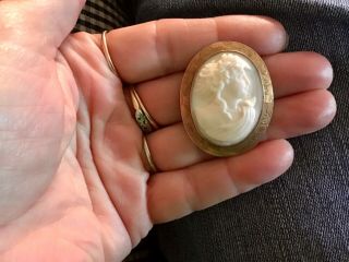 Rare Antique Edwardian 10k Gold Hand Carved Shell Cameo Pin Brooch Circa 1900