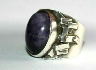 Vintage Modernist Brutalist Sterling Silver Natural Amethyst Ring.  Size L 1/2.