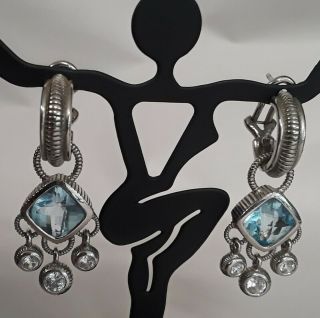 Judith Ripka Sterling Silver Blue Topaz Cz Crystal Pierced Dangle Earrings