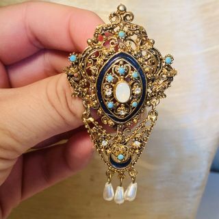 Vtg Victorian Revival Signed Florenza Pin Brooch Crystal Pearl Turquoise Cab