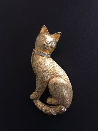 Vintage Signed - Via Mm Christian Dior 18k Gold Plated Cat Brooch With Rhinestones