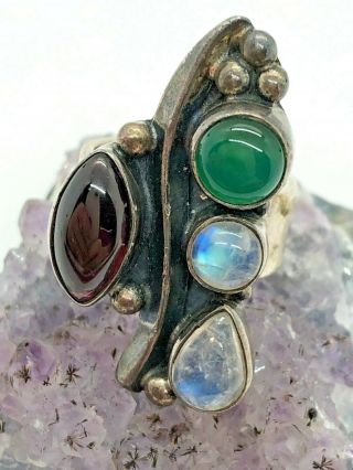Vintage Sterling Silver Moonstone Garnet Green Gemstone Ring Size 5.  5