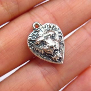 Antique Victorian Sterling Silver Lion Puffy Heart Collectible Charm Pendant