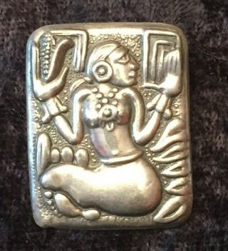 Rare Vintage Mexico Sterling Silver Repousse Brooch Mayan Maize Corn Goddess Pin