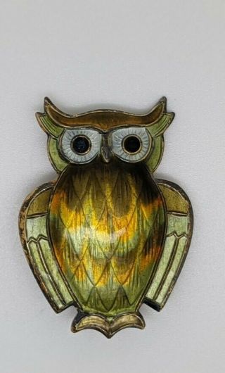David Andersen Signed Vintage Mid - Century Owl Sterling Silver Enamel Pin Brooch
