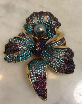 Joan Rivers Faux Pearl Pave Crystal Orchid Flower Pin Brooch