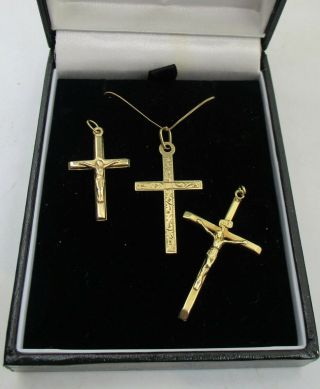 A Group Of 3 Cross / Crucifix Pendant With A Chain.  All 9ct Gold