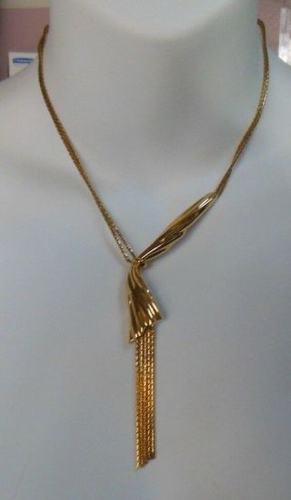 Vintage Signed Monet Gold - Tone Double Chain Half Curtain Tassel Necklace