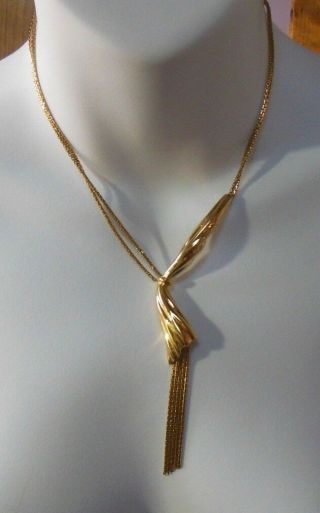 Vintage Signed Monet Gold - tone Double Chain Half Curtain Tassel Necklace 2