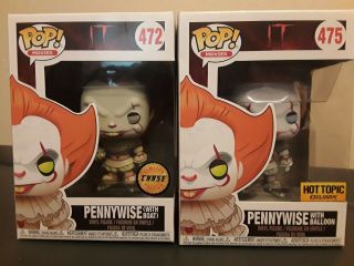 Funko Pop It Pennywise W/boat Chase Sepia 472 & Hot Topic Exclusive W/flaw Nib