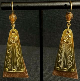 Lovely Estate 14k Yellow Gold Filled & Copper Stamped Design Dangle Earrings