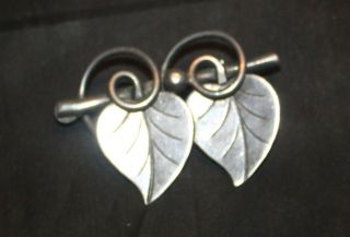 Vintage Signed Georg Jensen Usa Hand Wrought Sterling Double Leaf Brooch Pin