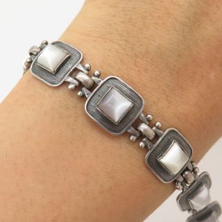Vtg Signed 925 Sterling Silver Real Mother - Of - Pearl Link Bracelet 7 "