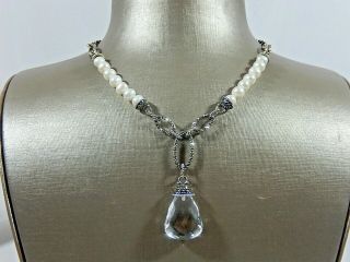 Vtg Art Deco Sterling Silver Rock Crystal Drop Pearl & Marcasite Necklace Evc