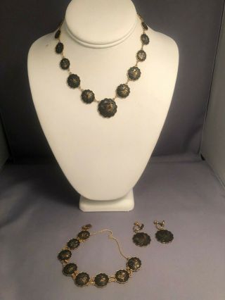Vintage Damascene Parure Set Necklace Earrings And Bracelet.