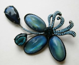 Vintage Giorgio Armani Blue Swarovski Crystal Floral Spray Brooch Designer Pin
