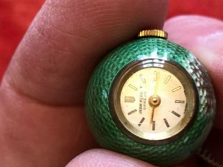 Jean Perret Green Enamel Ball Watch And Chain,  Note Damage To Ball
