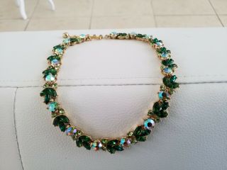 Gorgeous Vintage Signed Trifari Ab Green Rhinestone Leaf Choker Length Necklace