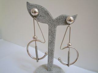 Vintage Modernist Abstract Half - Bead Sterling Silver Artisan Earrings 3 - 1/8 In