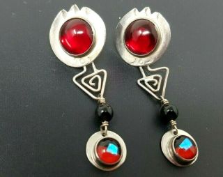 Vtg Signed Barbara Sucherman Sterling Red Modernist Art Glass Pierced Earrings