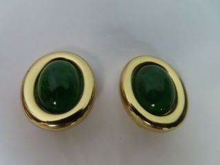 Vtg Christian Dior Emerald Green Gripoix Glass Oval Gold Tone Clip Earrings
