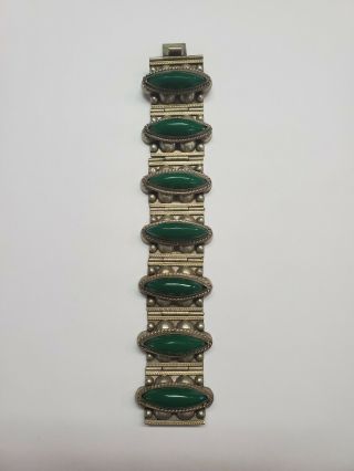 Vintage Sterling Silver & Large Green Stone Hinged Bracelet