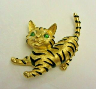 Signed Trifari Ark Series Tiger Cat Figural Brooch Pin Gold Black Green Eyes