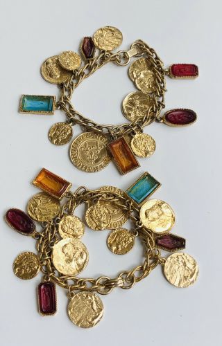 Two Vintage 1960s Ancient / Roman Coin Glass Intaglio Gold Tone Charm Bracelets