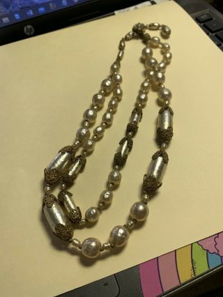 Miriam Haskell Signed Baroque Champagne Pearls Double Strand Choker Necklace