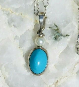 Vintage Ed Levin Petite Turquoise & Pearl Sterling Pendant Signed " Lovely "