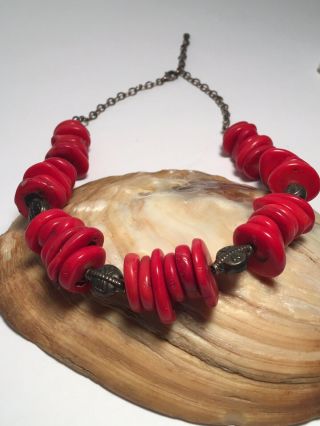 Vintage Beaded Chunky Natural Red ❤️coral Rare With Sterling Silver Necklace ❤️