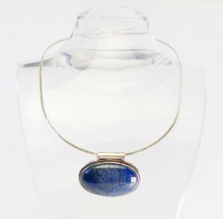 Modern Vintage Large Oval Sterling Silver Lapis Lazuli Gemstone Pendant Necklace