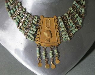 Vintage Egyptian Revival Nefertiti Choker Necklace With Dangles Green And Brass