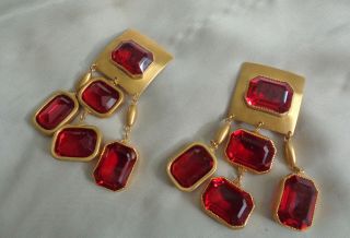 Vintage Clip 14kt Gold Filled Earrings W,  Red Crystal Stones 3 " Long 2 " Wide