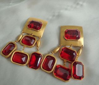VINTAGE CLIP 14KT GOLD FILLED EARRINGS W,  RED CRYSTAL STONES 3 
