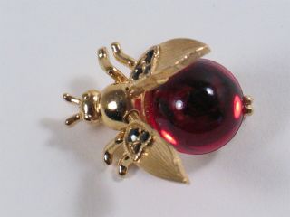 Trifari Pin Brooch Gold Tone & Red Rhinestones.  Red Jelly Belly & Trembler Wings