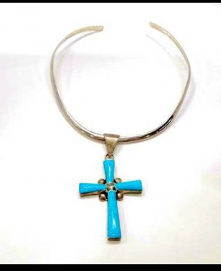 Vintage 925 Mexico Sterling Silver Collar Necklace With Turquoise Cross Pendant