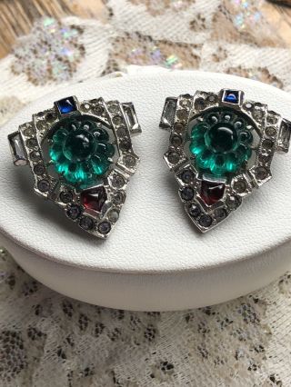 Vintage Fruit Salad Tutti Frutti Green/red/blue Glass/crystal Pair Dress Clips