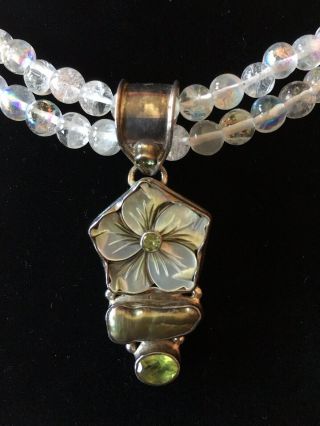 Vintage Sterlimg Silver Mother Of Pearl Flower Pendant Moonstone Beads Necklace