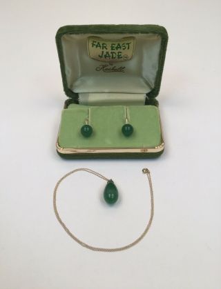 Miriam Haskell Far East Jade & 14k Gold Pendant & Earrings