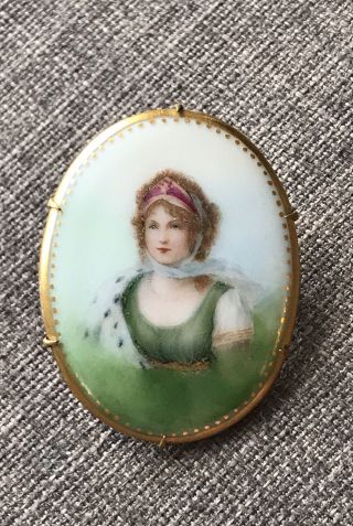 Victorian Enamel Lady Portrait Hand Painted Brooch C Clasp