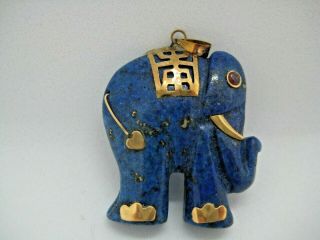 Vintage Lapis Stone Elephant Pendant With 14 K Gold & Ruby Trim