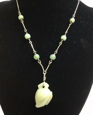 Vintage Sterling Silver Chinese Oriental Jade Necklace “jade Peach”