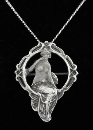 1910s - Art Nouveau Nude Maiden Sterling Silver Pendant / Brooch W/ Ss Chain