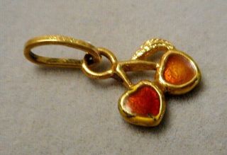 Vintage Italian 18k Yellow Gold Charm - Tiny Red Enameled Cherries 1.  1g