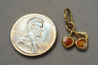 Vintage Italian 18K Yellow Gold Charm - Tiny Red Enameled Cherries 1.  1g 2